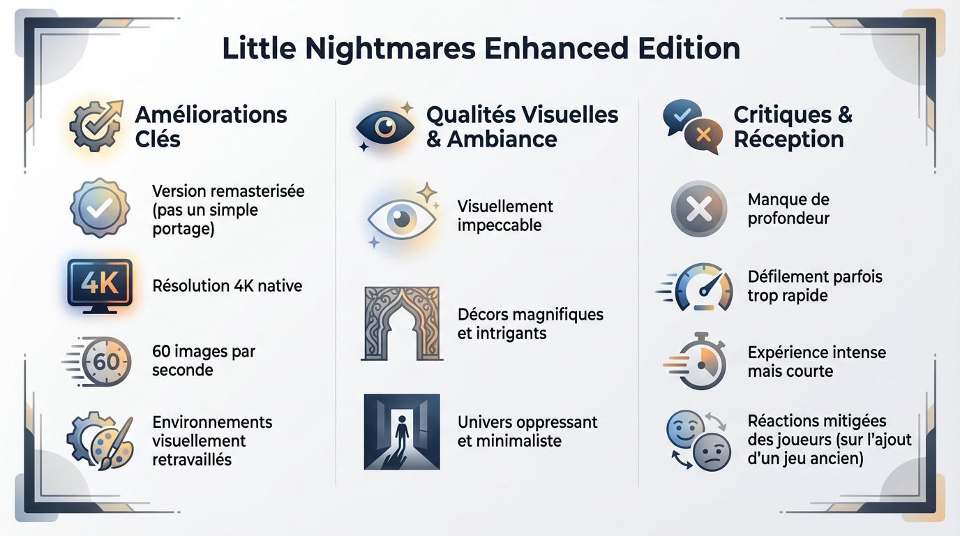 Infographie comparative montrant les améliorations graphiques 4K et Ray Tracing de Little Nightmares Enhanced Edition
