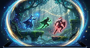 Guerrier, voleur, mage dans une forêt magique numérique.