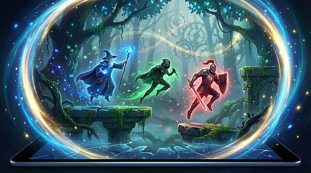 magical game world portal limited time adventure Guerrier, voleur, mage dans une forêt magique numérique.