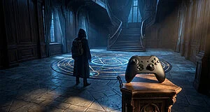 Salle mystérieuse avec manette de jeu sur un socle.