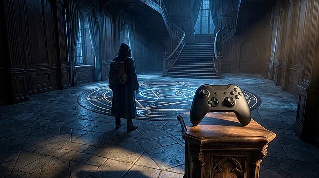 Salle mystérieuse avec manette de jeu sur un socle.