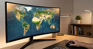 A person's hand on a mouse at a modern gaming desk, interacting with a curved monitor displaying a detailed, stylized world map with city silhouettes and connection lines.