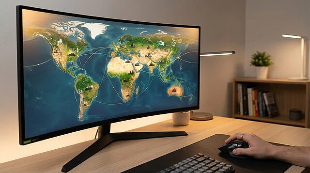 A person's hand on a mouse at a modern gaming desk, interacting with a curved monitor displaying a detailed, stylized world map with city silhouettes and connection lines.