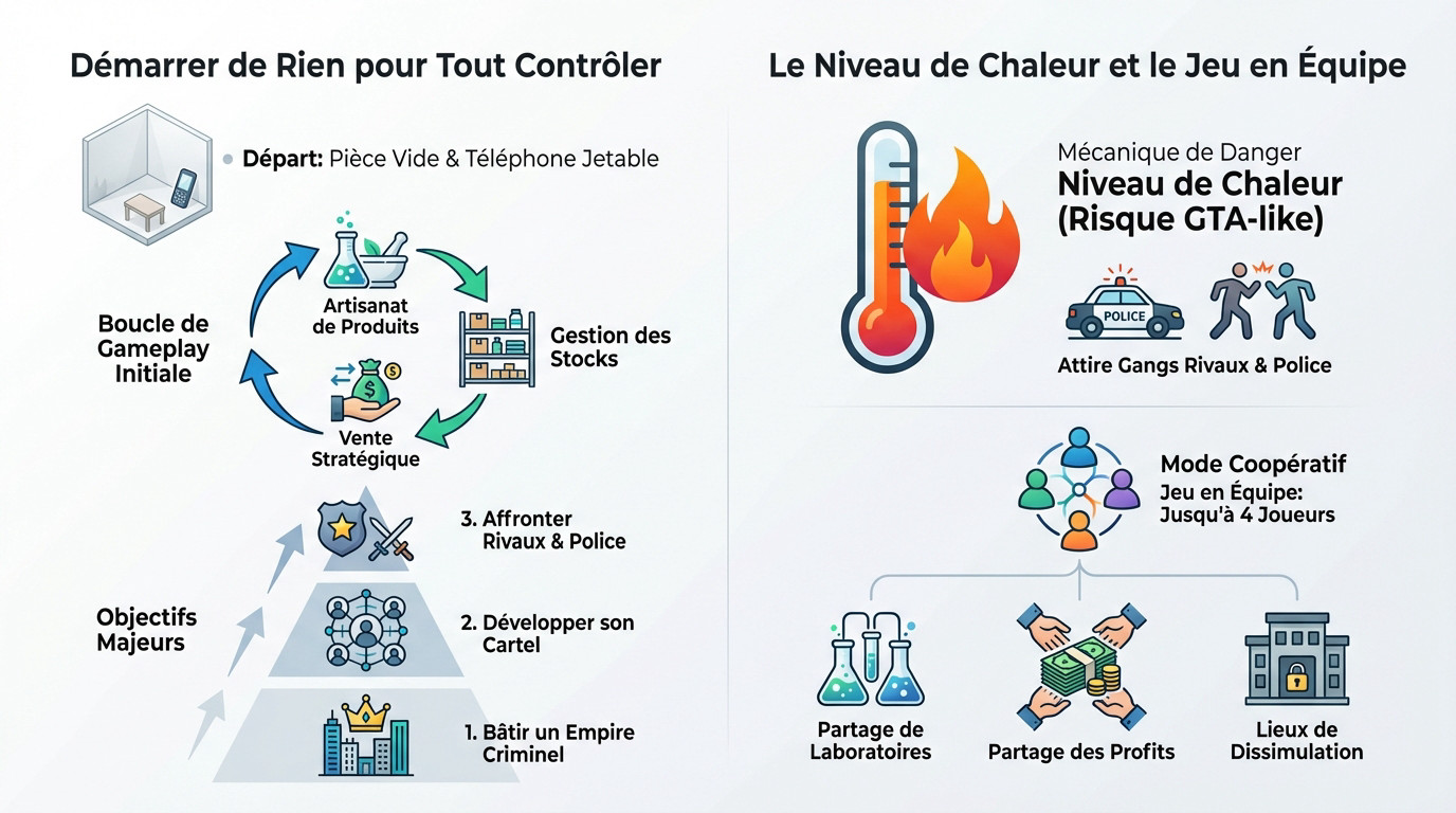 Mécaniques de jeu de Drug Schedule : gestion d'empire criminel et mode coopération