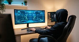 Anonymous gamer in a hoodie focused on a large monitor displaying a futuristic game UI. Modern PC setup with warm, inviting lighting, conveying relaxed engagement.