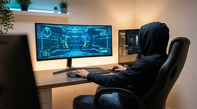 Modern Gaming Setup: Immersive & Accessible Play Anonymous gamer in a hoodie focused on a large monitor displaying a futuristic game UI. Modern PC setup with warm, inviting lighting, conveying relaxed engagement.