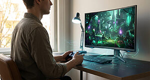 Side view of a person playing a vibrant fantasy video game on a large curved monitor, with digital patterns glowing on the desk.