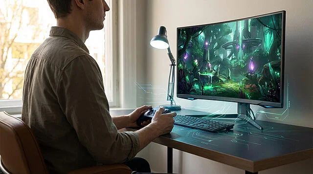 Modern Gaming Setup with Digital Interface Side view of a person playing a vibrant fantasy video game on a large curved monitor, with digital patterns glowing on the desk.