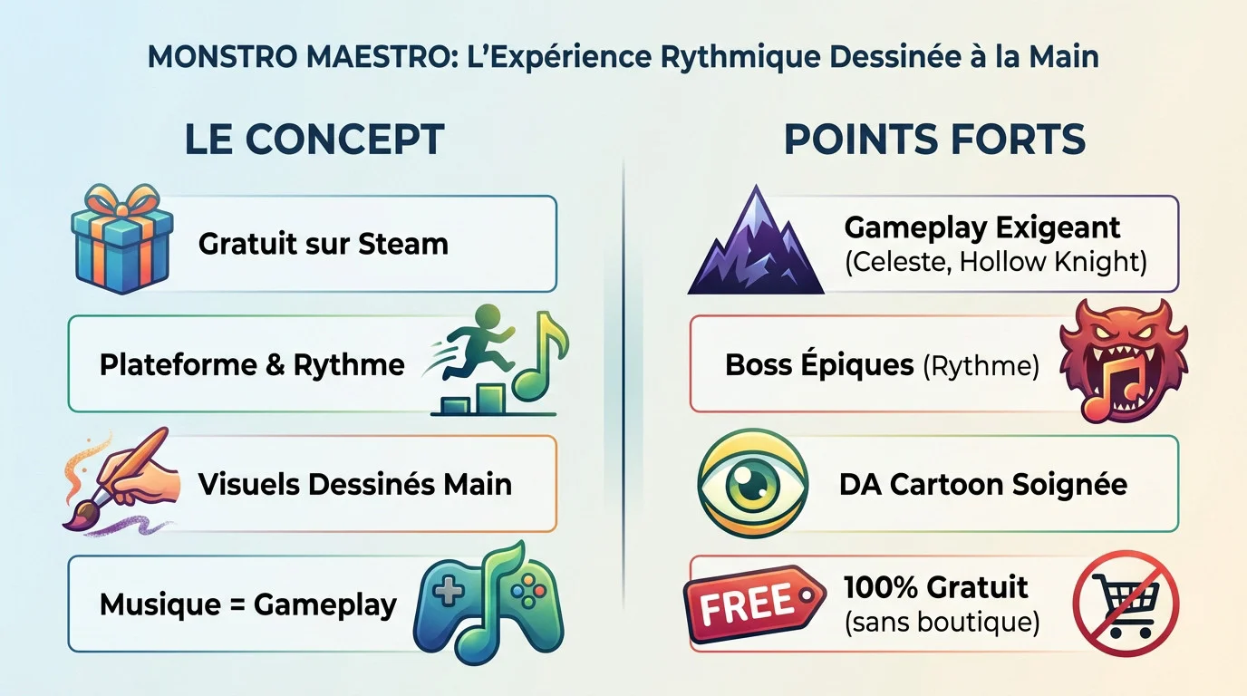 Infographie présentant Monstro Maestro jeu de rythme et plateforme gratuit sur Steam