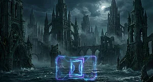 Gothic ruins partially submerged in dark, moonlit waters with heavy fog, and a glowing blue-purple digital interface in the foreground.