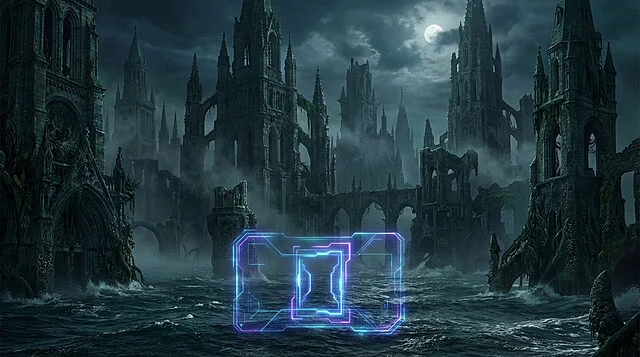 Moonlit Lovecraftian Digital Portal Gothic ruins partially submerged in dark, moonlit waters with heavy fog, and a glowing blue-purple digital interface in the foreground.