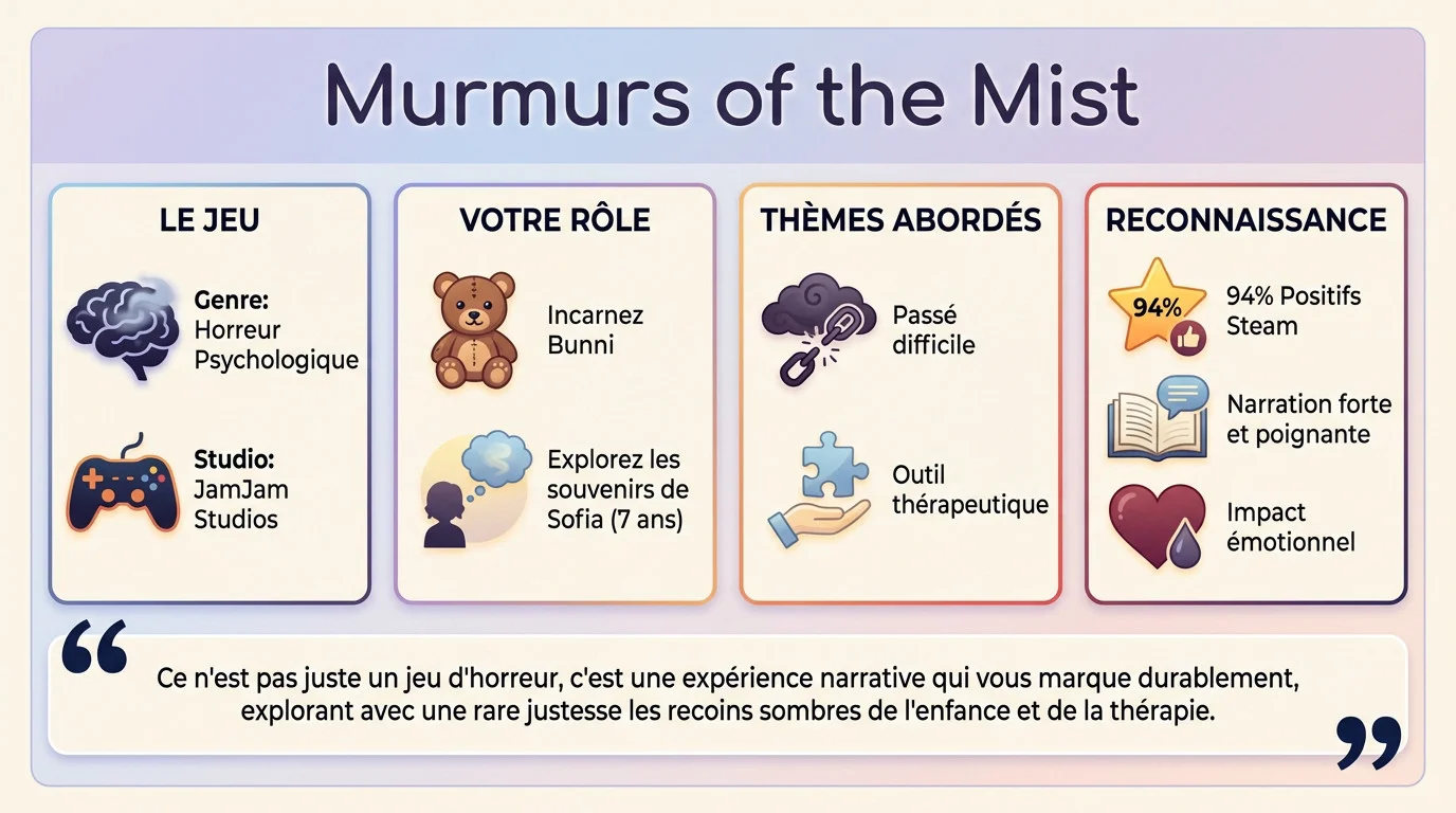 Bunni l'ours en peluche explorant les souvenirs sombres de Sofia dans Murmurs of the Mist sur Steam
