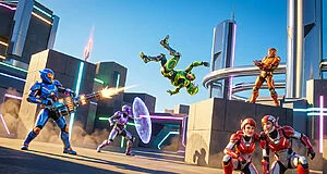 Five diverse figures in vibrant futuristic suits battle in a neon-lit arena. Dynamic action, unique weapons, energy shield, playful expressions.