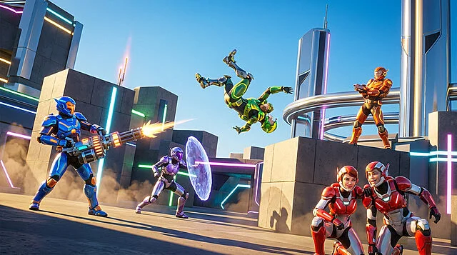 Neon Arena Action: Playful Futuristic Squad Five diverse figures in vibrant futuristic suits battle in a neon-lit arena. Dynamic action, unique weapons, energy shield, playful expressions.