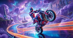 A futuristic racer in red and blue gear does a wheelie on a glowing motorcycle on a sky track. Neon clouds and sci-fi city in background.