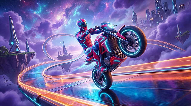 Neon Racer's Thrilling Wheelie on a Sky Track A futuristic racer in red and blue gear does a wheelie on a glowing motorcycle on a sky track. Neon clouds and sci-fi city in background.