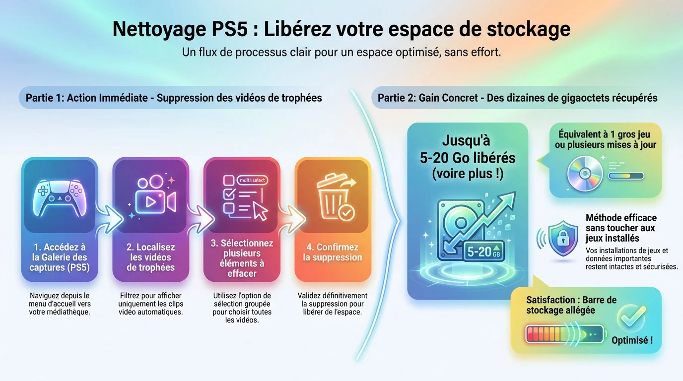 Interface de la galerie des captures PS5 pour gérer l'espace de stockage