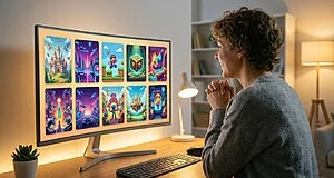 Person smiling at a monitor displaying ten vibrant, diverse video game cover art thumbnails, conveying excitement on a modern desk.
