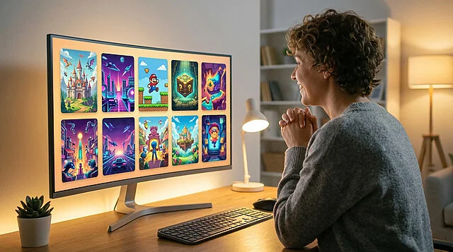New Game Adventures Await Person smiling at a monitor displaying ten vibrant, diverse video game cover art thumbnails, conveying excitement on a modern desk.
