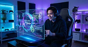 Gamer essayant de nouveaux jeux avec écran futuriste.