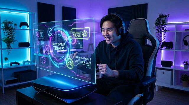 new game trials discovery in neon gaming den Gamer essayant de nouveaux jeux avec écran futuriste.