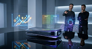 Sleek futuristic console with blue/purple glow, holographic projections of rising costs, 2027/2028 release, and AI tech. Two figures observe.