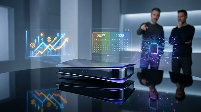 Next-Gen Console: 2027/2028, AI & Rising Costs Sleek futuristic console with blue/purple glow, holographic projections of rising costs, 2027/2028 release, and AI tech. Two figures observe.