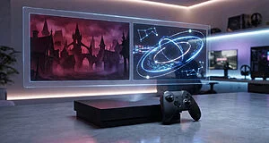 Sleek gaming console and controller under a holographic display showing a gothic village and cosmic paths in a futuristic room.