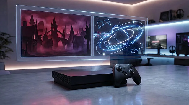 Sleek gaming console and controller under a holographic display showing a gothic village and cosmic paths in a futuristic room.