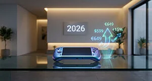 Sleek futuristic handheld console with holographic price trend ($599, €649, +15%) and '2026' in a modern interior.
