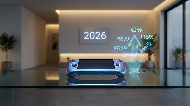 Sleek futuristic handheld console with holographic price trend ($599, €649, +15%) and '2026' in a modern interior.