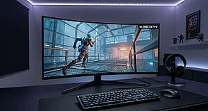 A modern gaming setup with a curved ultra-wide monitor displaying a 4K 60 FPS spy-themed FPS game, backlit keyboard, mouse, and headset.