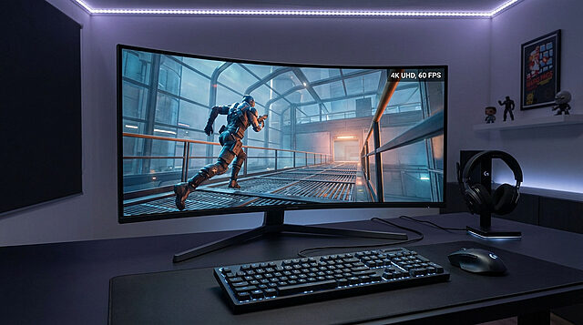 Next-Gen Gaming: 4K 60 FPS Spy Action Setup A modern gaming setup with a curved ultra-wide monitor displaying a 4K 60 FPS spy-themed FPS game, backlit keyboard, mouse, and headset.