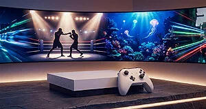 Unbranded game console and controller on a dark surface; curved screen shows boxing, bioluminescent ocean, and abstract light trails.