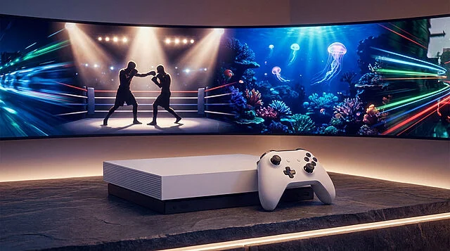 Next-Gen Gaming: Console Meets Digital Realms Unbranded game console and controller on a dark surface; curved screen shows boxing, bioluminescent ocean, and abstract light trails.