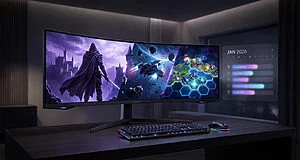 Curved gaming monitor displaying fantasy, sci-fi, and strategy scenes. RGB keyboard, mouse, and Jan 2026 calendar in a dimly lit room.