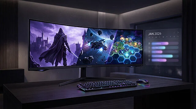 Next-Gen Gaming: Multi-Genre Immersive Setup Curved gaming monitor displaying fantasy, sci-fi, and strategy scenes. RGB keyboard, mouse, and Jan 2026 calendar in a dimly lit room.