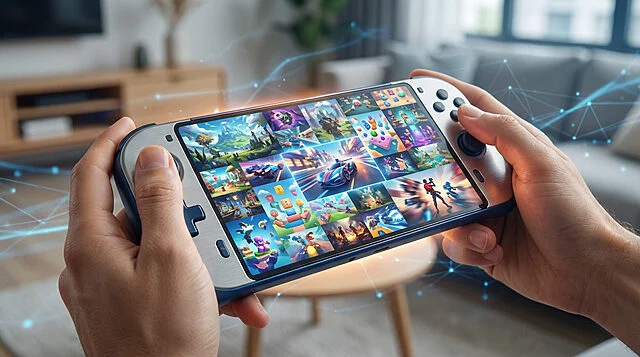 next gen portable console with vibrant game collage Console portable affichant divers jeux vidéo colorés.
