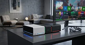Modular 'Ningtendo PXBOX 5' console with blue, green, red LEDs on a modern desk with monitor and controller.