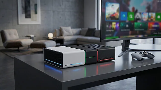 Ningtendo PXBOX 5: The Modular Gaming Future Modular 'Ningtendo PXBOX 5' console with blue, green, red LEDs on a modern desk with monitor and controller.