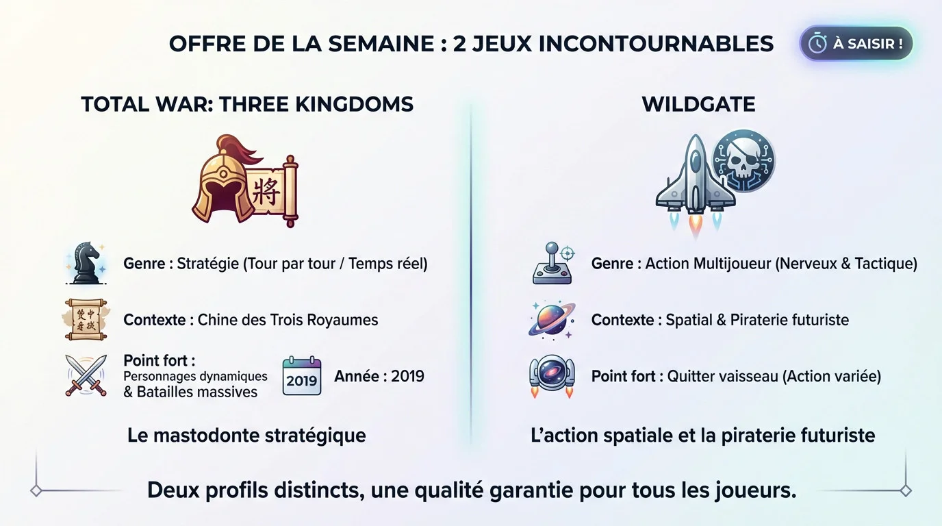 Affiche promotionnelle mettant en avant Total War Three Kingdoms et Wildgate sur l'Epic Games Store