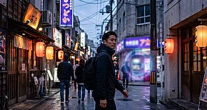 Photorealistic image of a man in a dark jacket walking on a wet, colorful street in Okinawa at dusk, with abstract digital glow.