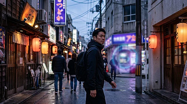 Okinawa Dusk: Digital Glow in a Bustling Street Photorealistic image of a man in a dark jacket walking on a wet, colorful street in Okinawa at dusk, with abstract digital glow.