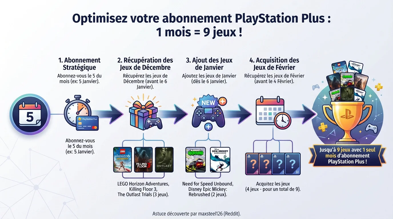 Illustration de l'astuce pour obtenir 9 jeux PlayStation Plus avec un mois d'abonnement