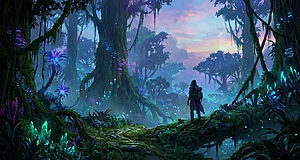 A person with a backpack stands on a winding path, gazing at a bioluminescent alien forest at twilight with towering trees and glowing flora.