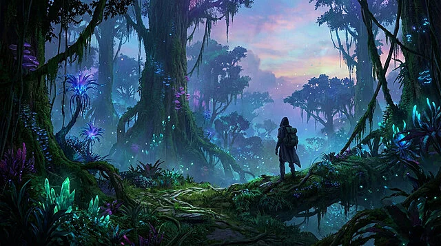 Pandora's Twilight Glow: A World of Wonder A person with a backpack stands on a winding path, gazing at a bioluminescent alien forest at twilight with towering trees and glowing flora.