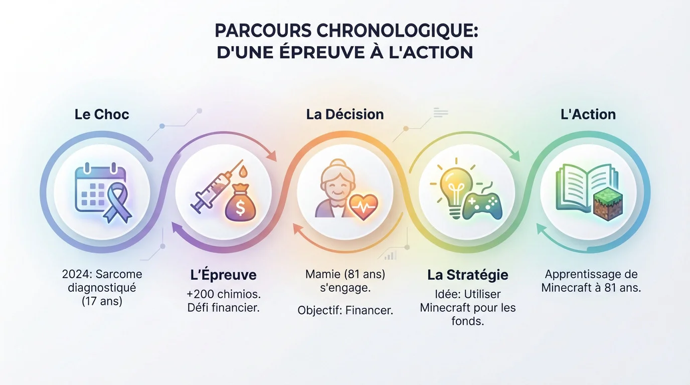 Chronologie du parcours de Sue Jacquot : du diagnostic de cancer de son petit-fils à son action sur Minecraft