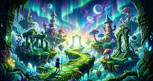 Fantastical floating islands with glowing flora, ancient ruins, and whimsical buildings under a magical aurora sky. A character stands on a path leading to a bright archway.