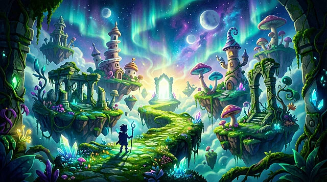 Path to the Ethereal Gateway Fantastical floating islands with glowing flora, ancient ruins, and whimsical buildings under a magical aurora sky. A character stands on a path leading to a bright archway.