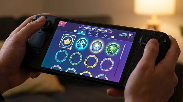 Personalize Your Game Profile on Handheld Console Hands hold a handheld gaming console showing a vibrant profile customization screen with diverse, stylized icons and decorative borders.